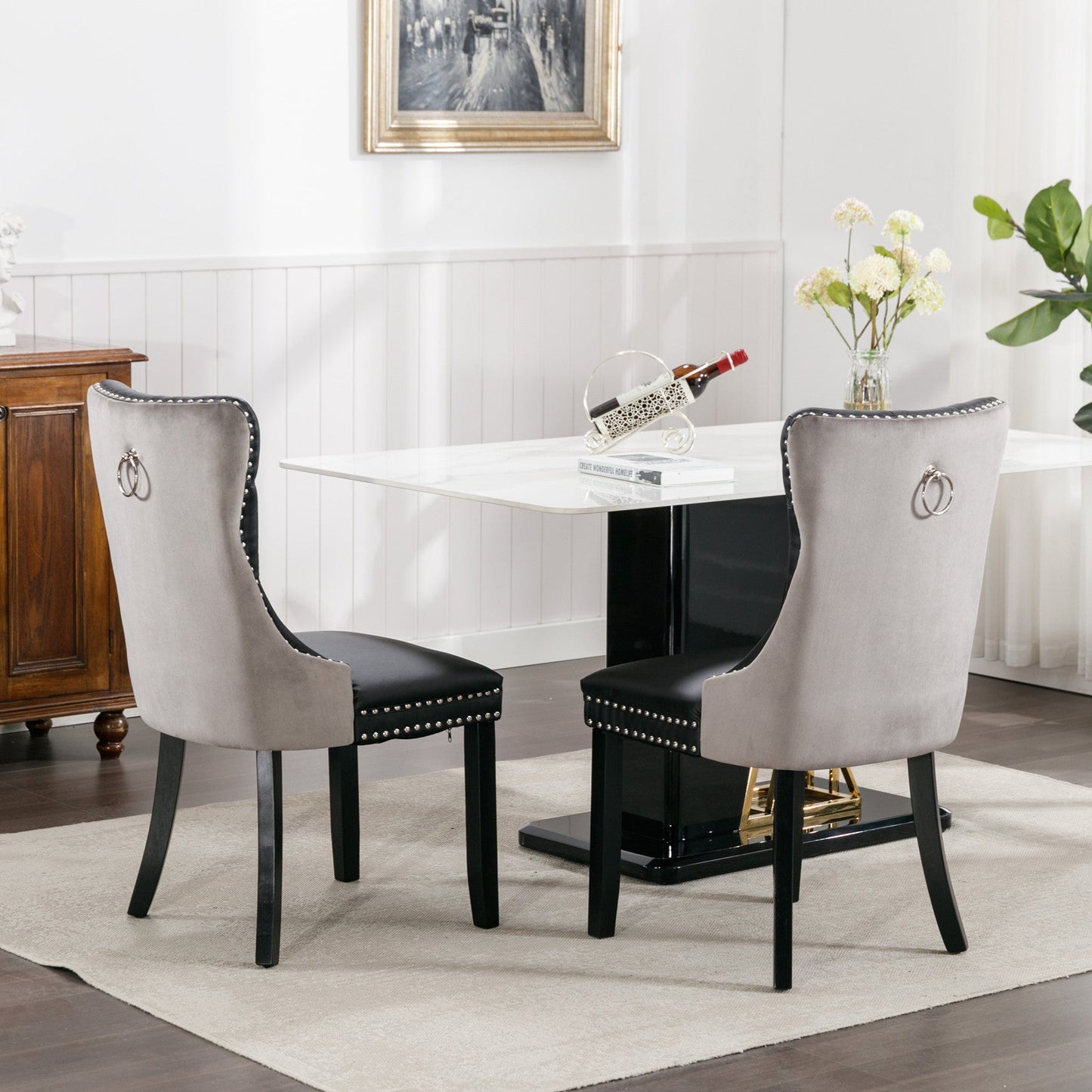 Tufted Solid Wood Contemporary PU and Velvet Upholstered Dining Chair with Wood Legs Nailhead Trim 2-Pcs Set Black+Gray - Korvel