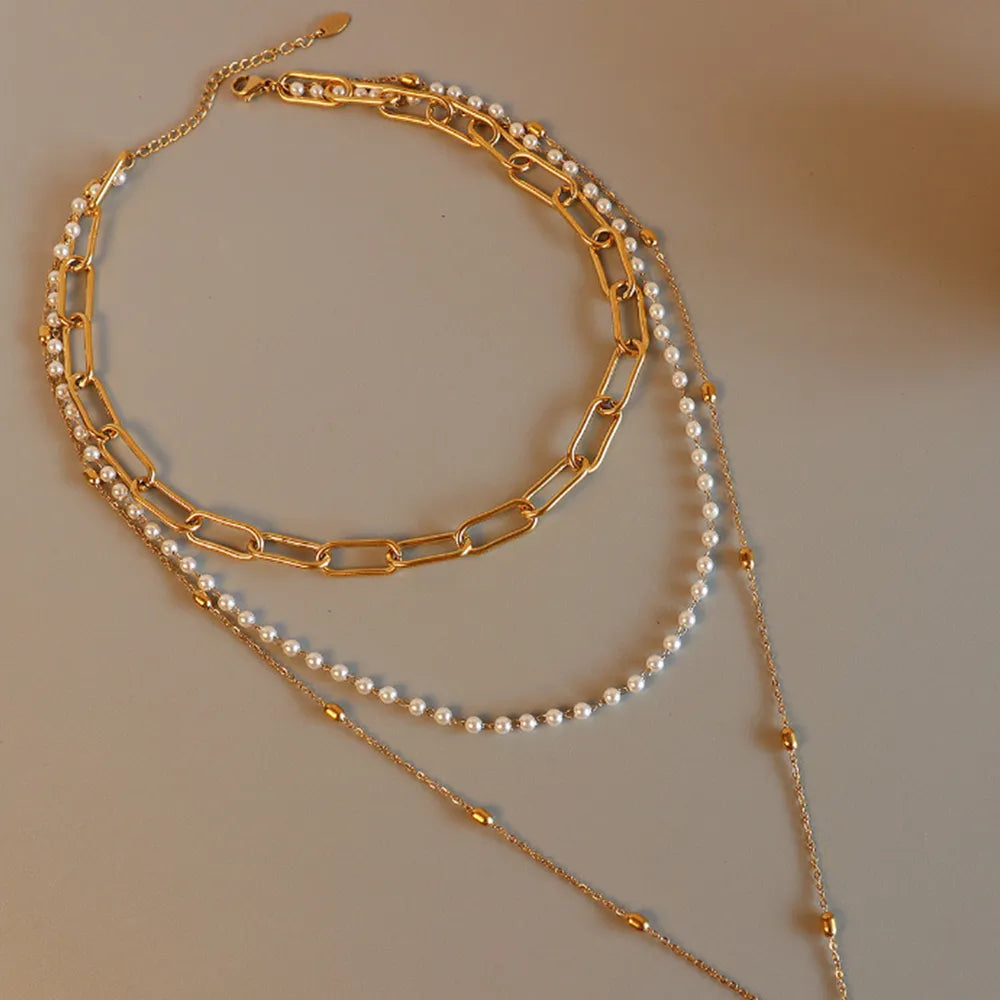 Synthetic Pearl Titanium Steel Three-Layered Necklace - Korvel