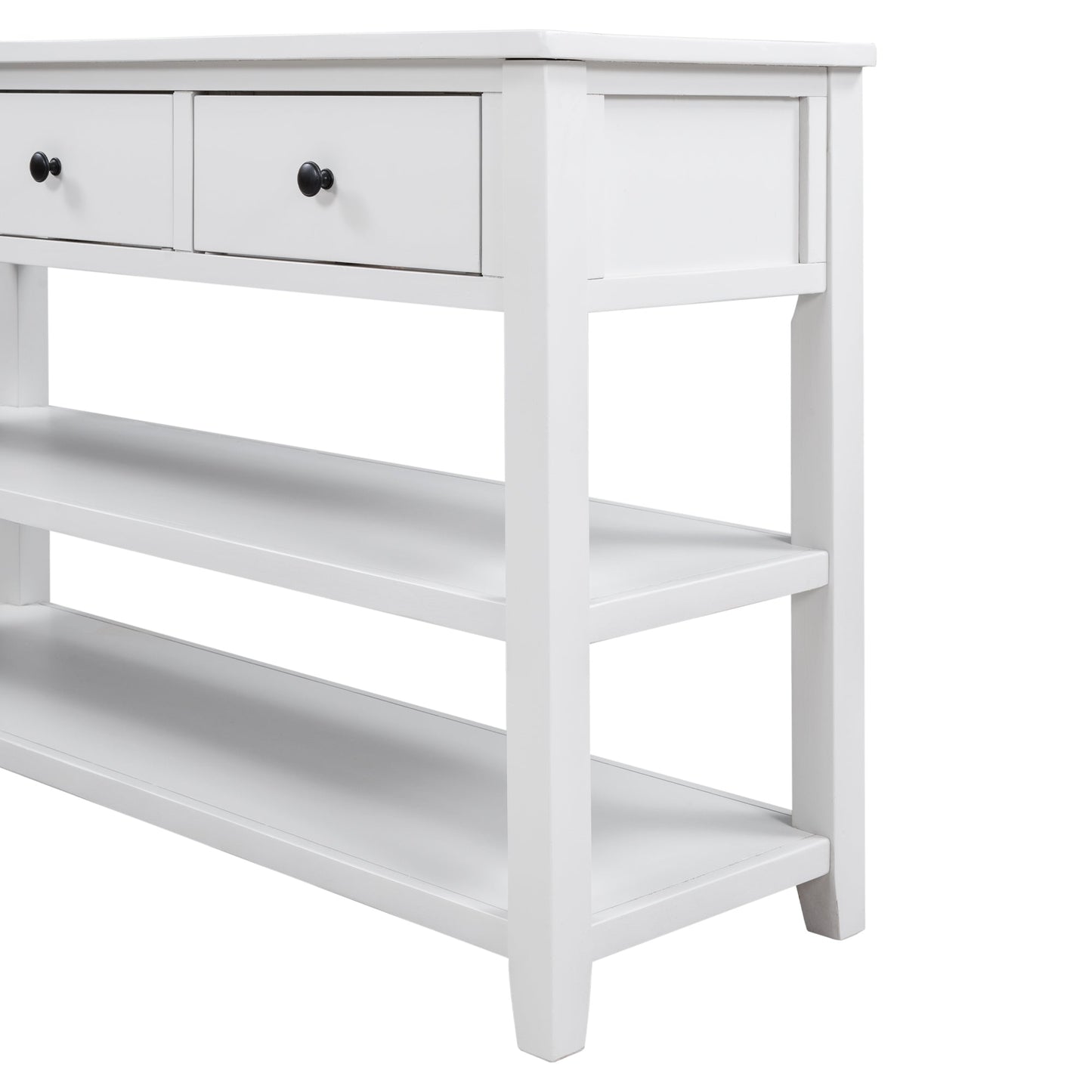 Retro Design Console Table with Two Open Shelves, Pine Solid Wood Frame and Legs for Living Room (Antique White) - Korvel