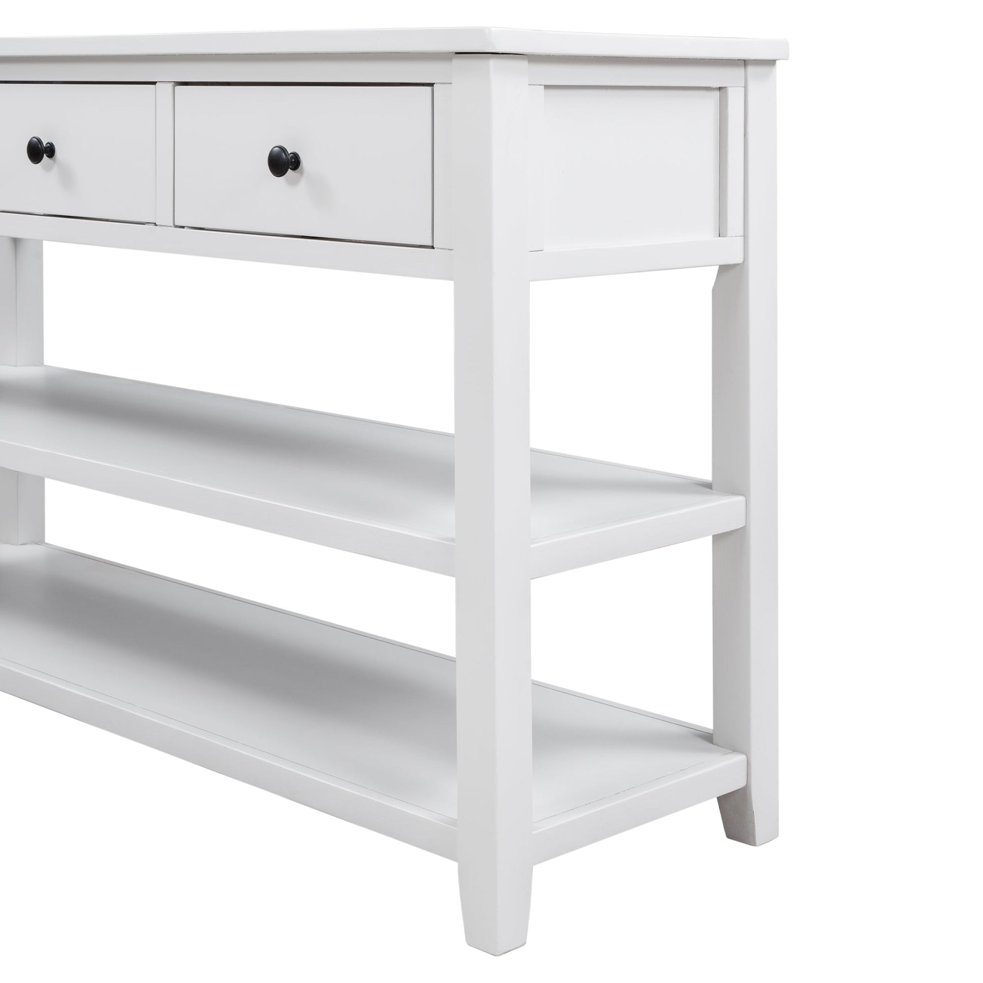 Retro Design Console Table with Two Open Shelves, Pine Solid Wood Frame and Legs for Living Room (Antique White) - Korvel