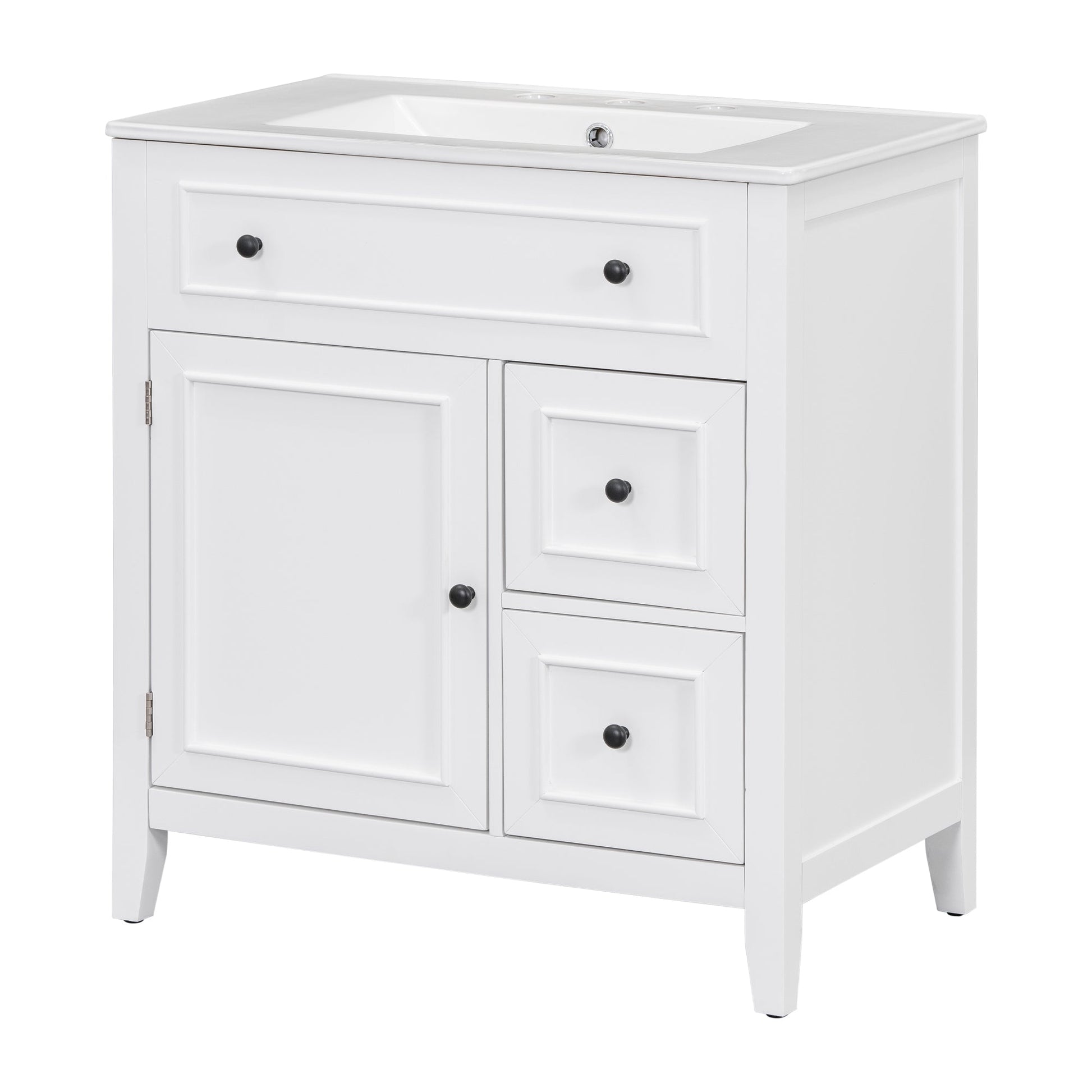 30" Bathroom Vanity with Sink Top, Bathroom Vanity Cabinet with Door and Two Drawers, Solid Wood Frame, One Package, White - Korvel