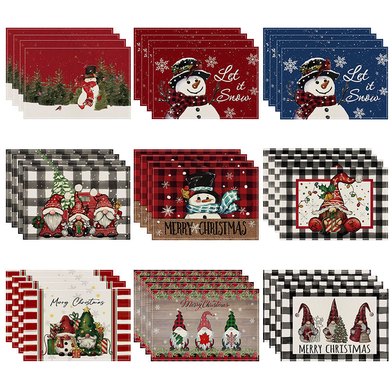Christmas Snowman Linen Meal Mat Snowflake Grid Printed Table Mat Christmas Party Decoration Insulation Mat Holiday Decoration - Korvel