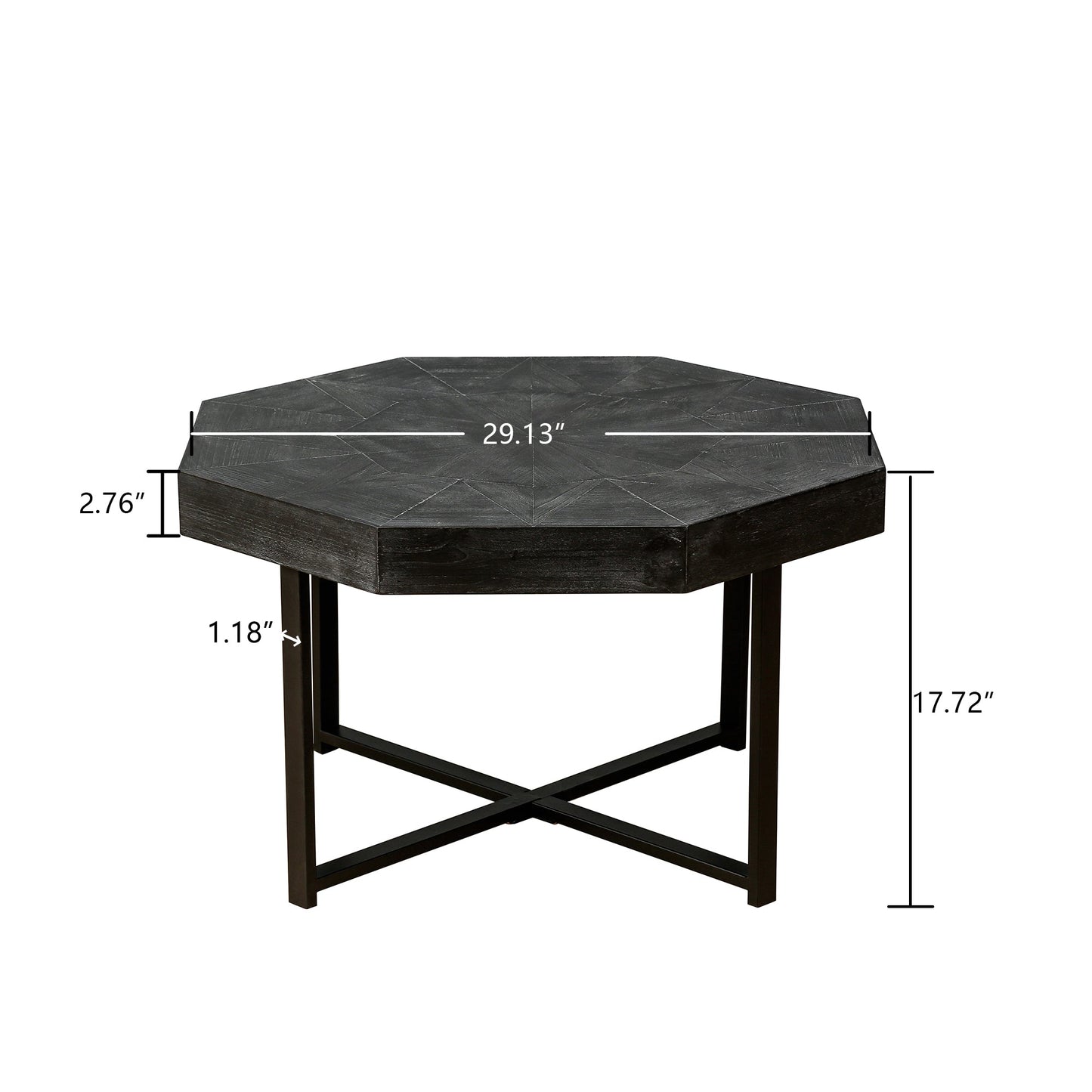 Wooden octagonal retro patchwork craft 30 inch wooden tabletop cross metal leg coffee table (Antique Black) - Korvel