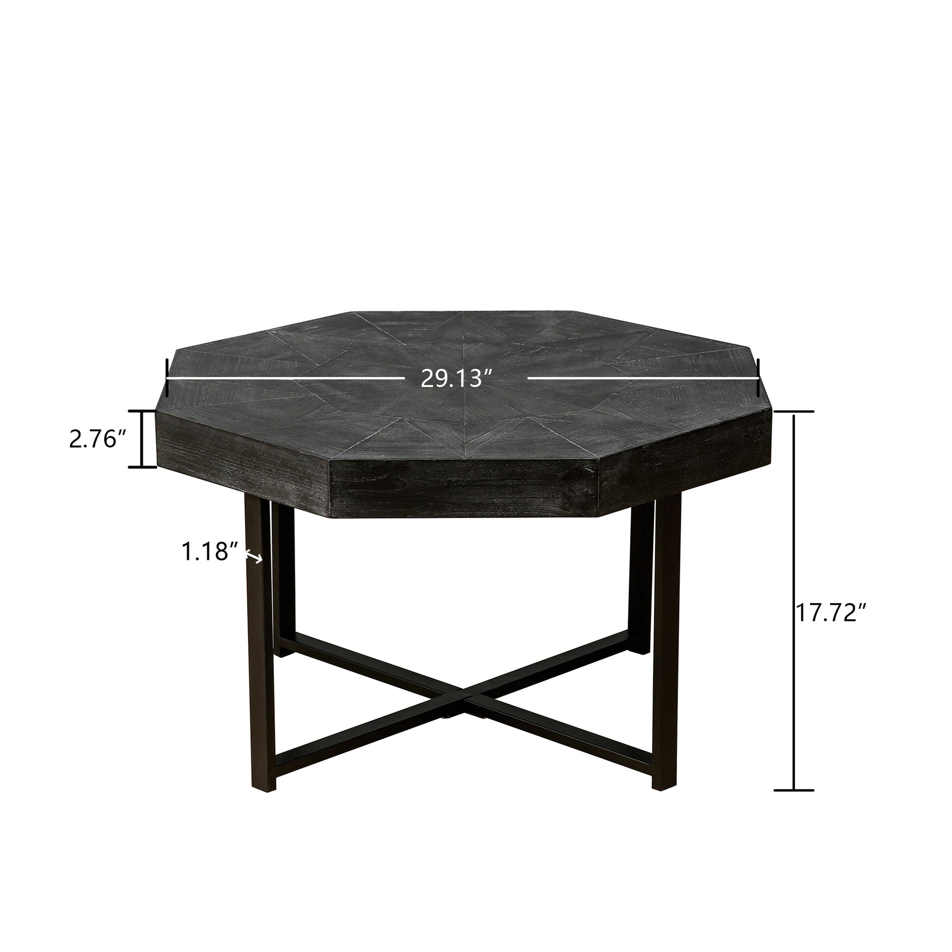 Wooden octagonal retro patchwork craft 30 inch wooden tabletop cross metal leg coffee table (Antique Black) - Korvel