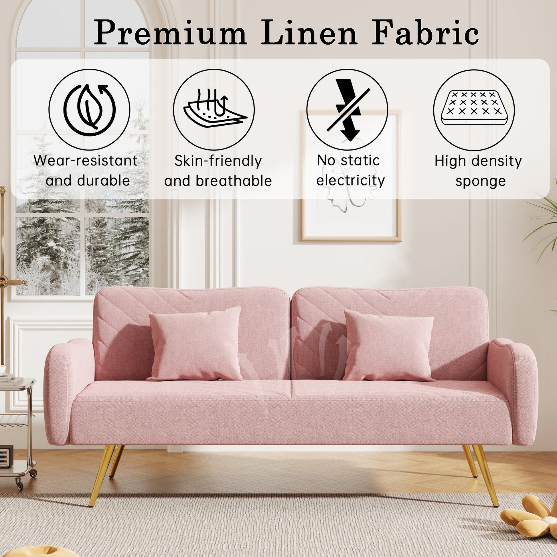 70.47" Pink Fabric Double Sofa with Split Backrest and Two Throw Pillows - Korvel
