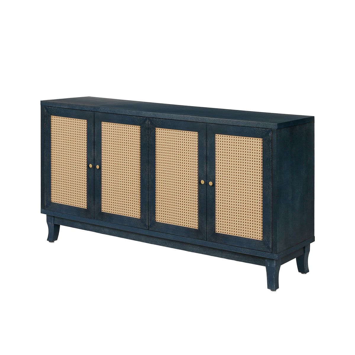 Handcrafted Premium Grain Panels Rattan Sideboard Buffer Cabinet Accent Storage Cabinet With 4 Rattan Doors BLUE - Korvel