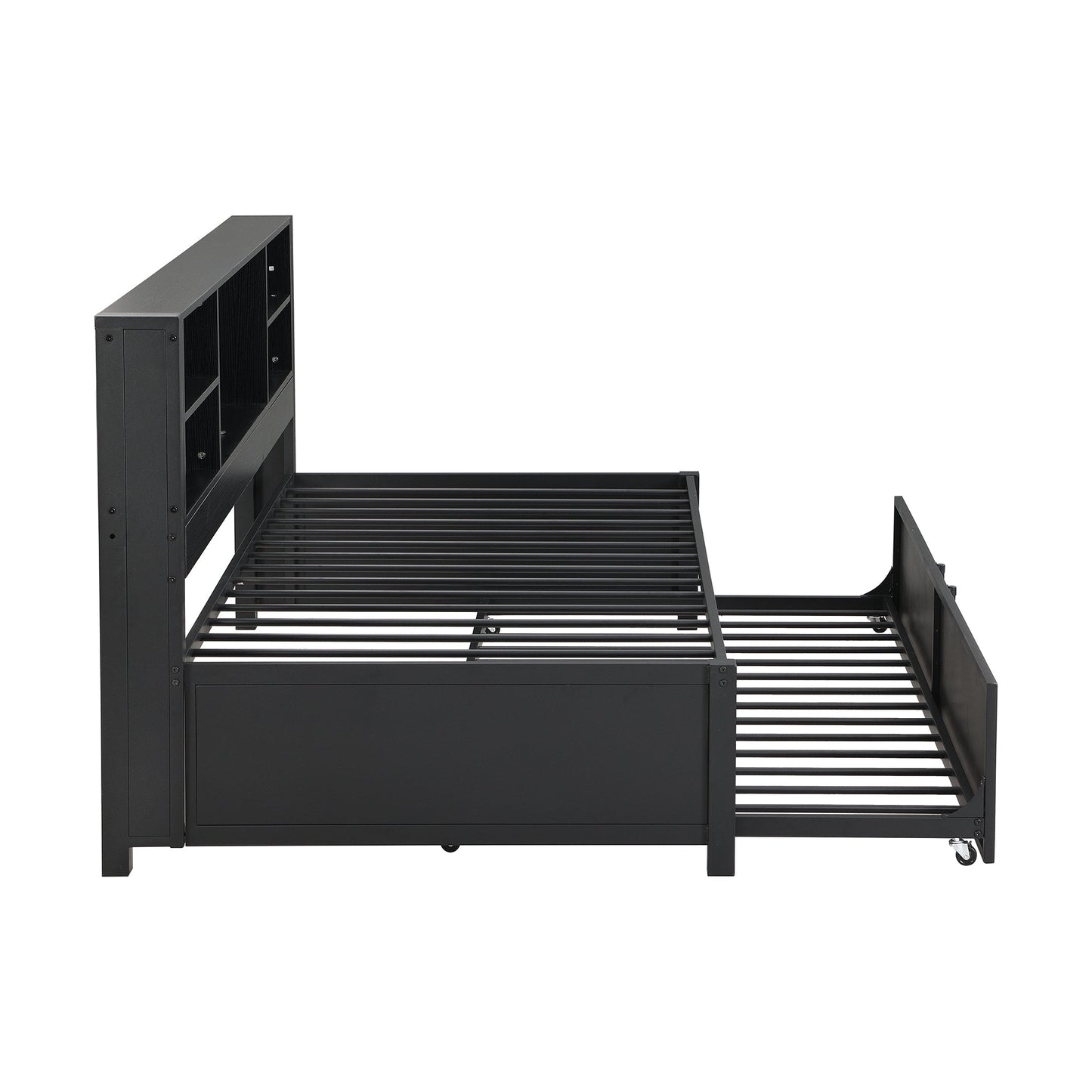 Metal Twin Size Daybed with Trundle, Storage & USB Ports - Black