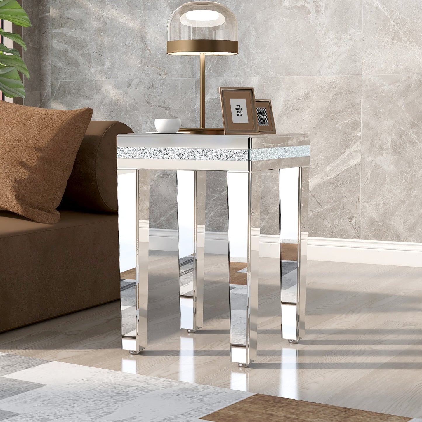 ON-TRANS glass mirror edge table, easy to assemble crystal design and adjustable height leg edge table, silver - Korvel