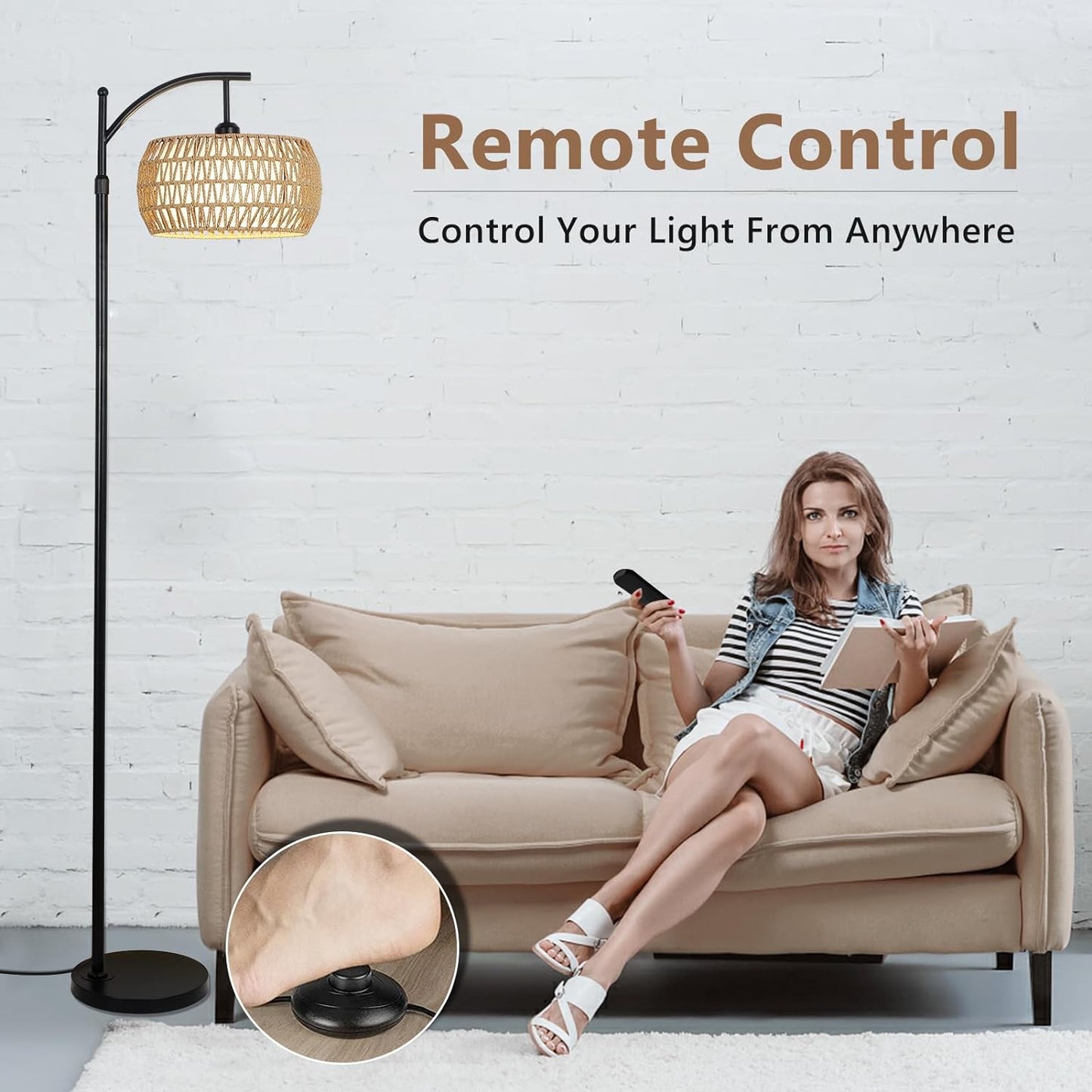 Arc Floor Lamp with Remote Control, Dimmable LED Floor Lamp with 3 Color Temperature Boho Farmhouse Tall Pole Lamp - Korvel