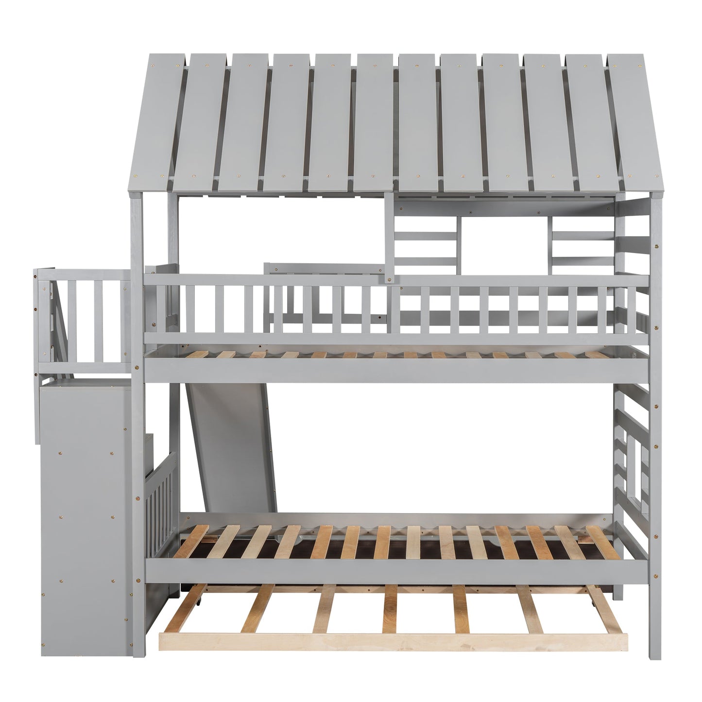 Lit superposé jumeau sur jumeau avec trundle et toboggan - Gris