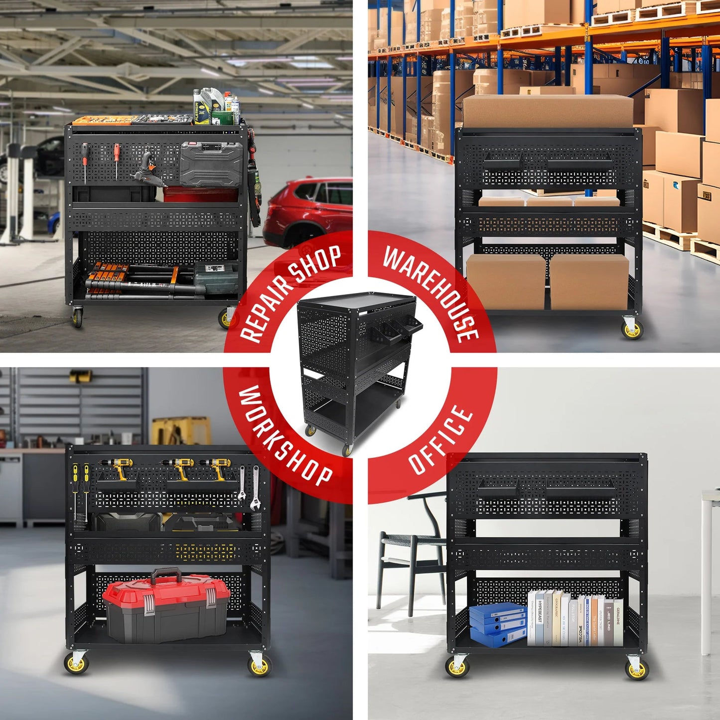 3-Tier Adjustable Rolling Tool Cart | Garage & Workshop Organizer w/ Steel Pegboard - Korvel