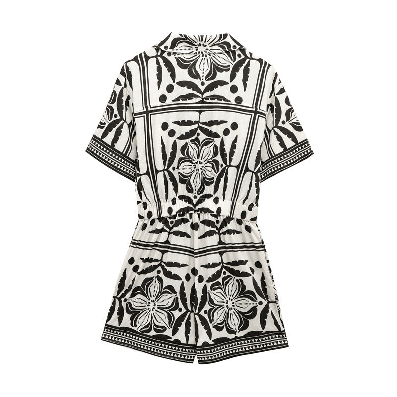 Versatile woven Cuban collar jumpsuit shorts - Korvel