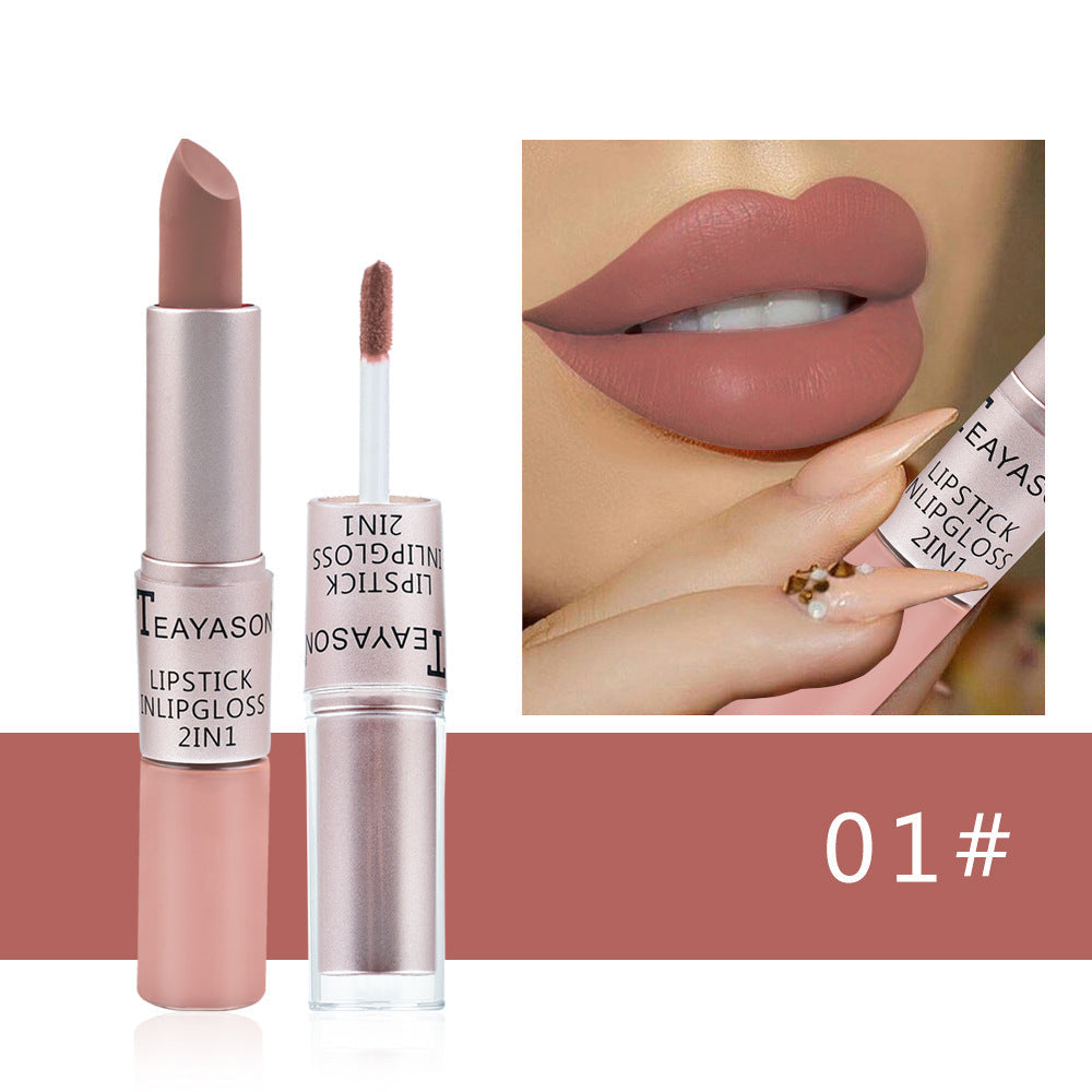 Double-Headed Non-Stick Cup Matte Matte Lip Gloss Two-In-One Matte Bean Paste Does Not Fade With Cup Lipstick Female - Korvel