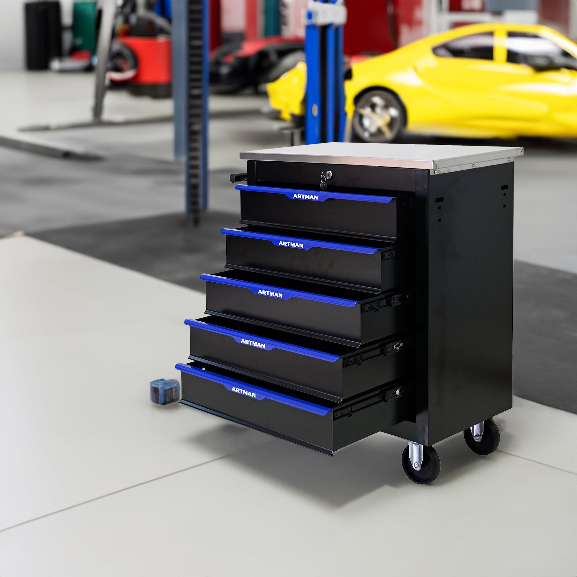 5 DRAWERS MULTIFUNCTIONAL TOOL CART WITH WHEELS-BLACK+BLUE - Korvel