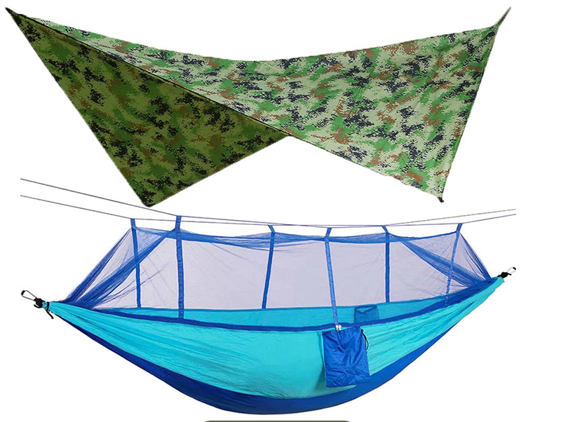 260x140cm Outdoor Double Camping Hammock with Mosquito Net and Rain Fly Tarp Lightweight Parachute Hammocks for Travel Hiking - Korvel