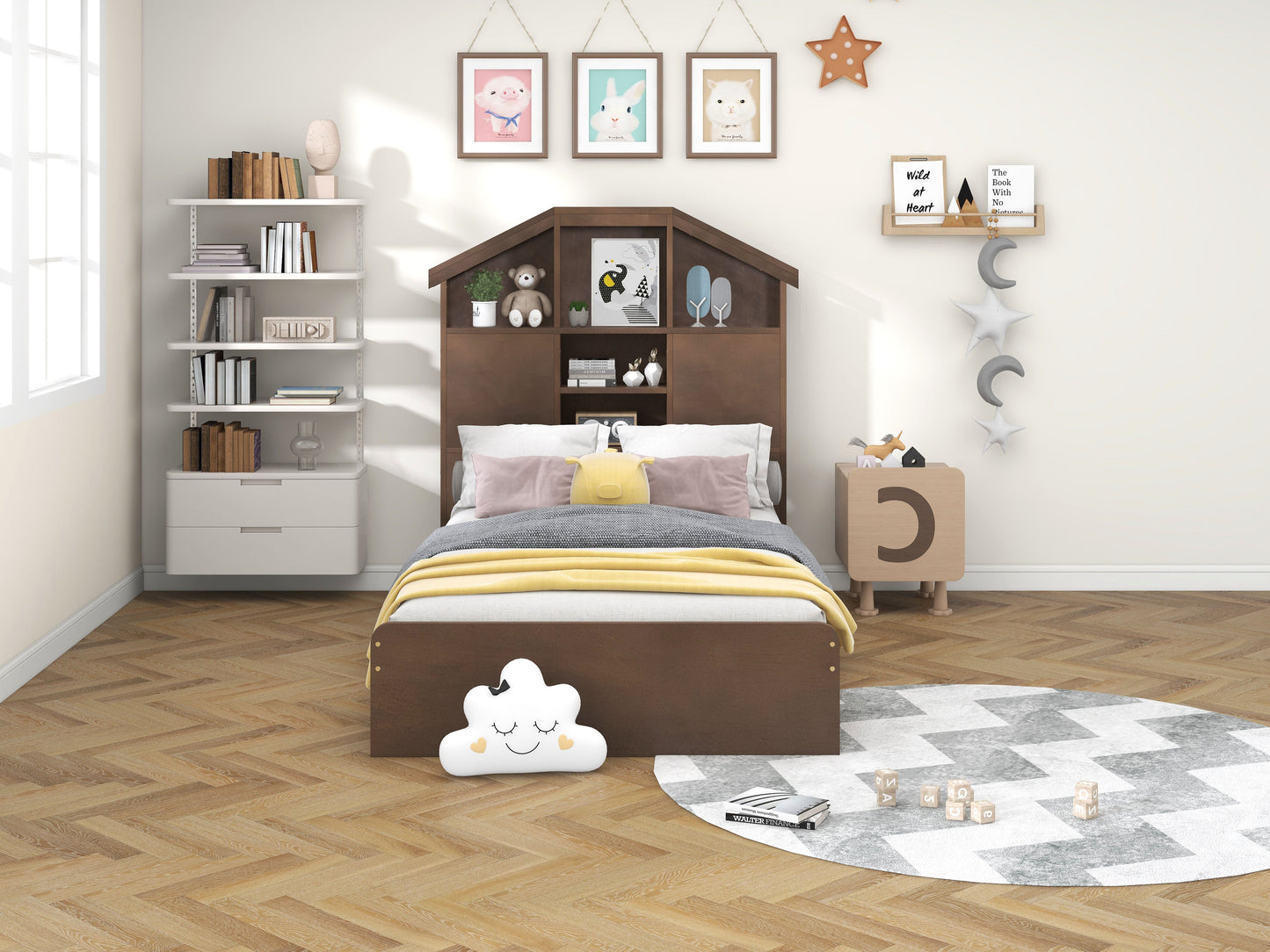 Twin Size Wood Platform Bed with House-shaped Storage Headboard and 2 Drawers Walnut - Korvel