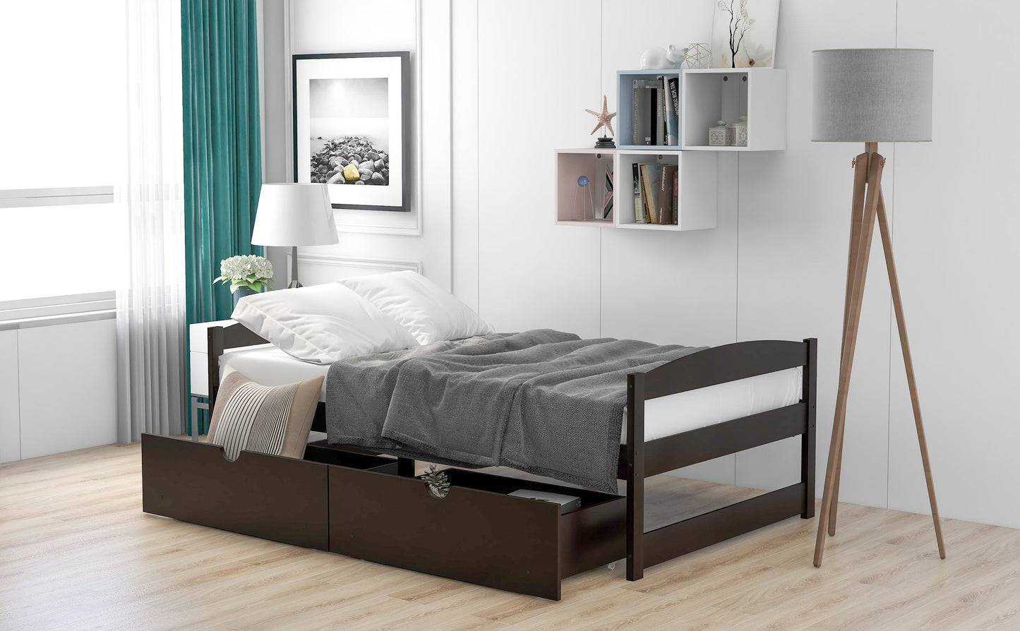 Espresso Twin Size Platform Bed with Two Drawers