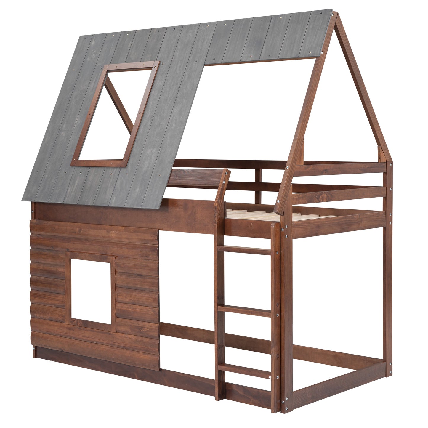 Wood Twin Size House Bunk Bed with Roof, Ladder and 2 Windows, Oak & Smoky Grey - Korvel