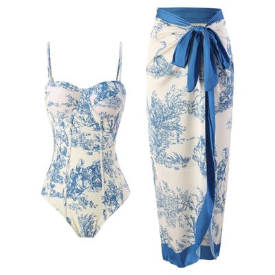 New one-piece swimsuit women's tight fitting slimming retro strap sunscreen long skirt two-piece set - Korvel