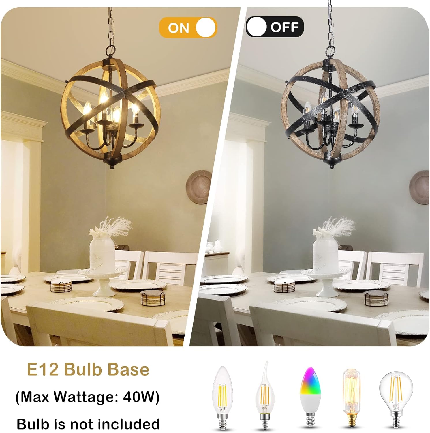 Farmhouse Chandelier Light Fixtures 4-Light Dining Room Light Fixtures Height Adjustable Rustic Wood Light - Korvel