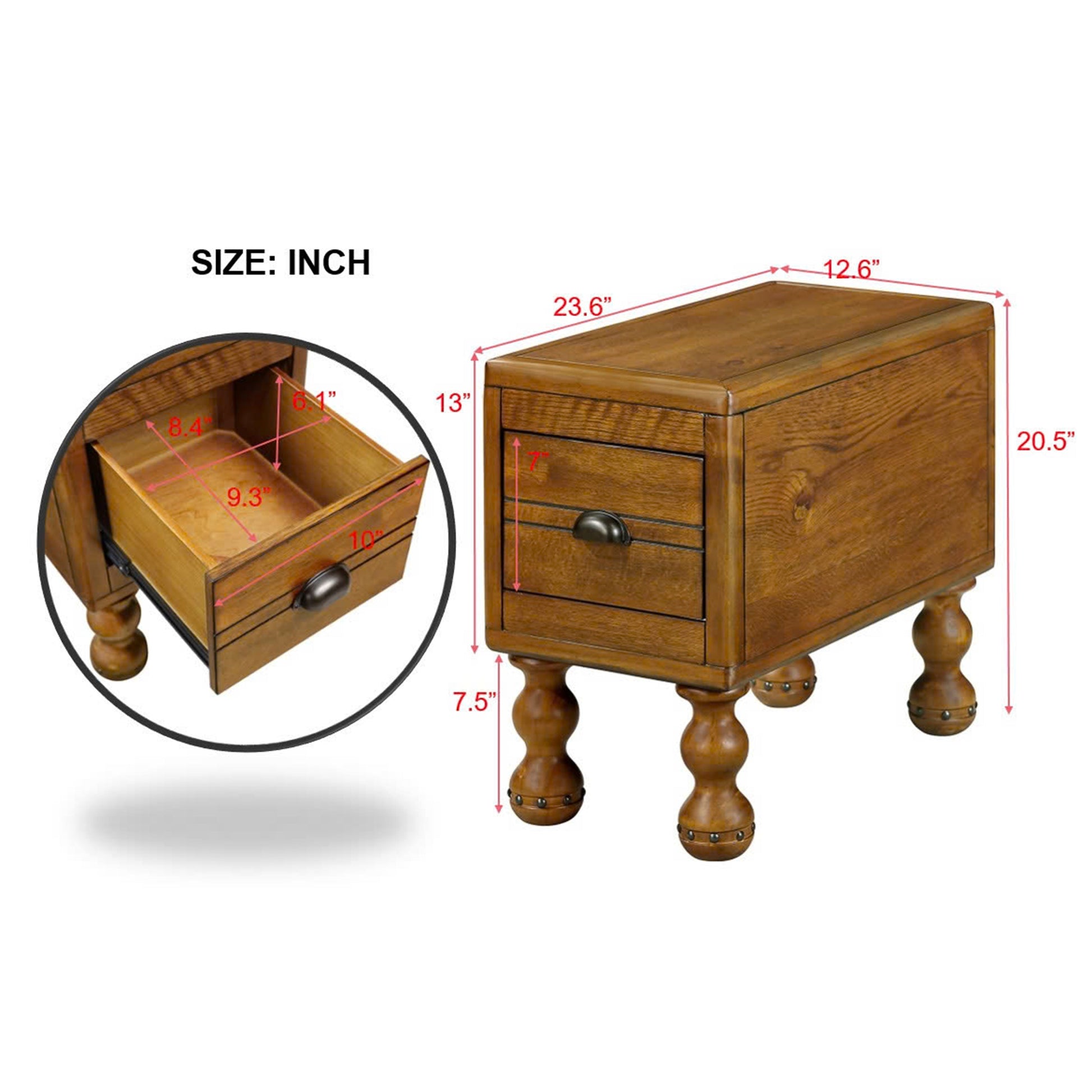 Solid wood end table, rectangular 23.6 inch narrow edge table with drawers, vintage bedside table， Antique Brown - Korvel