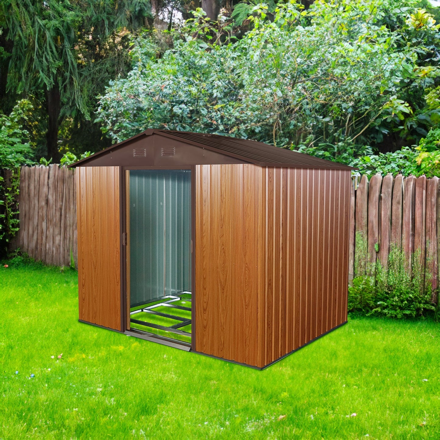 8ft x 6ft Outdoor Metal Storage Shed with Floor Base Coffee(W540S00014) - Korvel