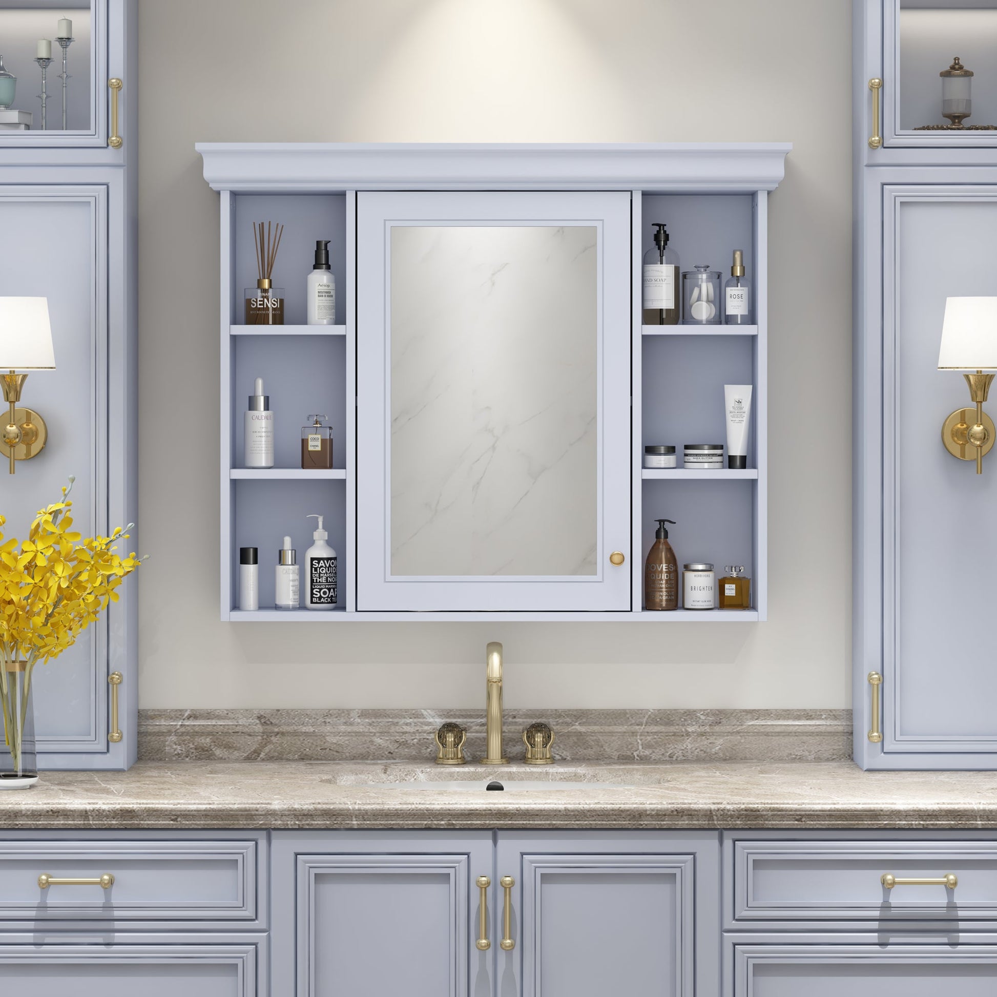 35'' x 28'' Blue Wall Mounted Bathroom Storage Cabinet with Mirror Door, Modern Bathroom Wall Cabinet with Mirror - Korvel