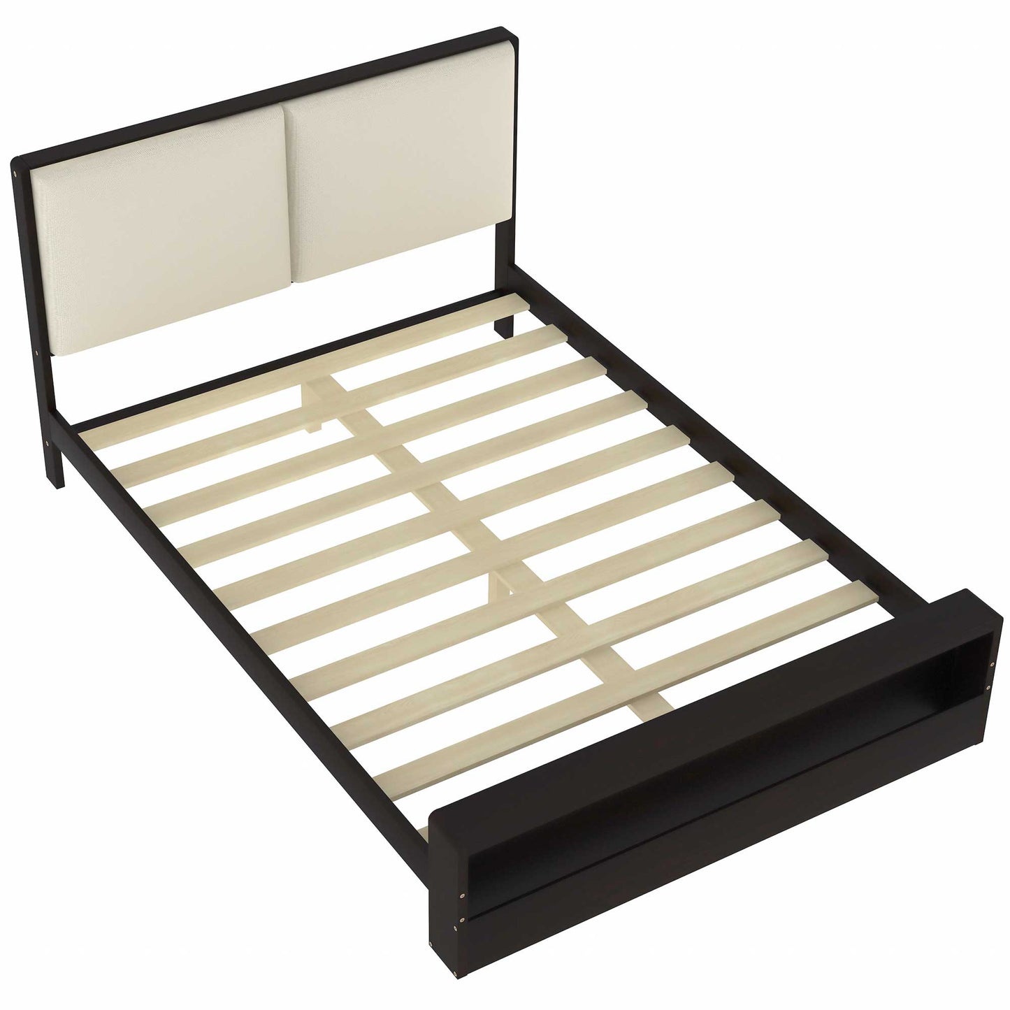 Queen Size Platform Bed Frame with Upholstery Headboard and Bookshelf in Footboard and LED Light Strips, Espresso - Korvel