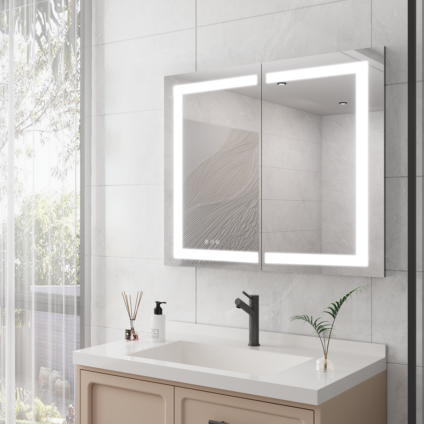 36 x 30 inch Medicine Cabinet with LED Vanity Mirror Anti-Fog  Recessed or Surface Mount Waterproof DimmableAluminum 3000K~6000K Lighted Double Door Bathroom Cabinet with Touch Switch - Korvel