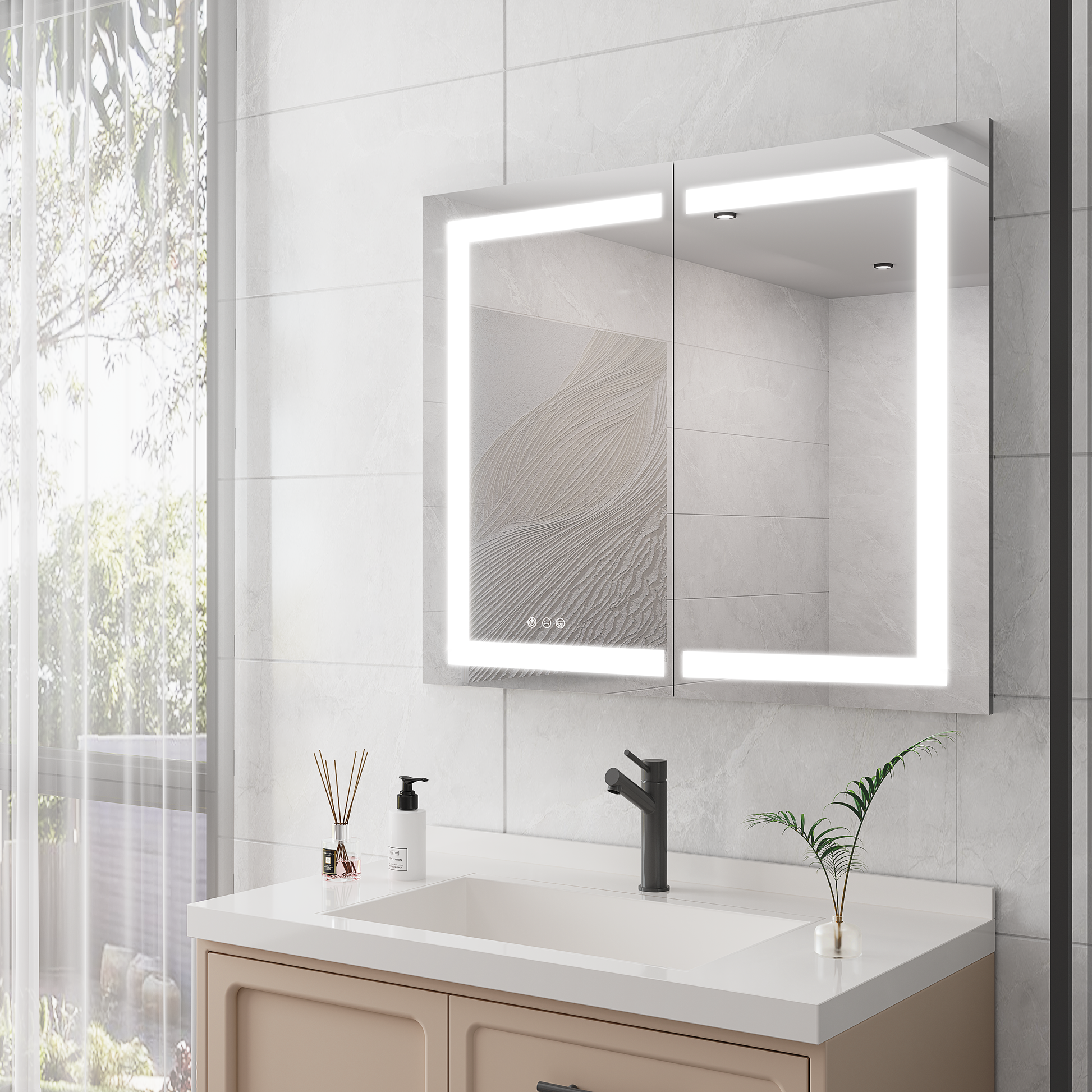 36 x 30 inch Medicine Cabinet with LED Vanity Mirror Anti-Fog  Recessed or Surface Mount Waterproof DimmableAluminum 3000K~6000K Lighted Double Door Bathroom Cabinet with Touch Switch - Korvel