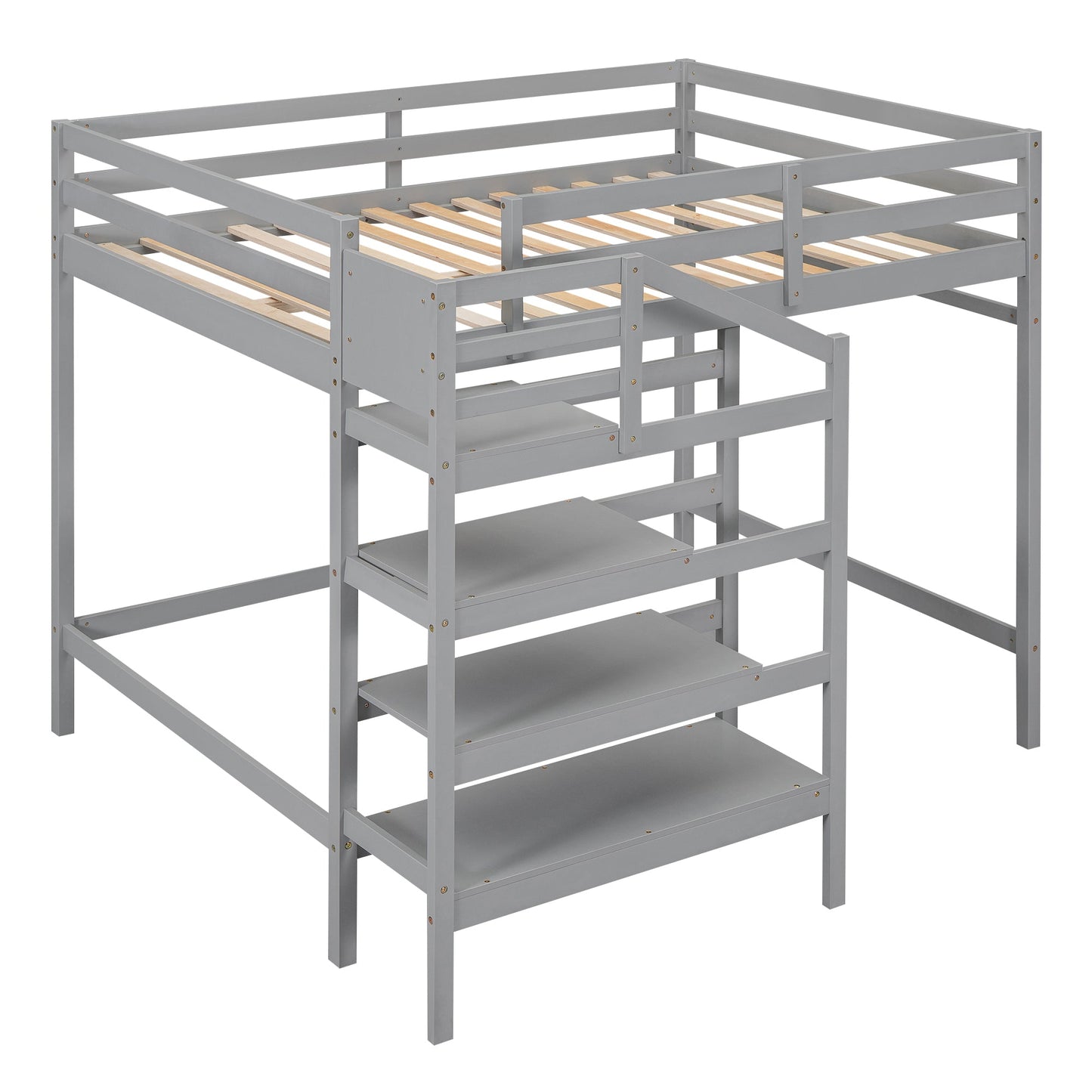 Full Size Loft Bed with Built-in Storage Staircase and Hanger for Clothes, Gray - Korvel