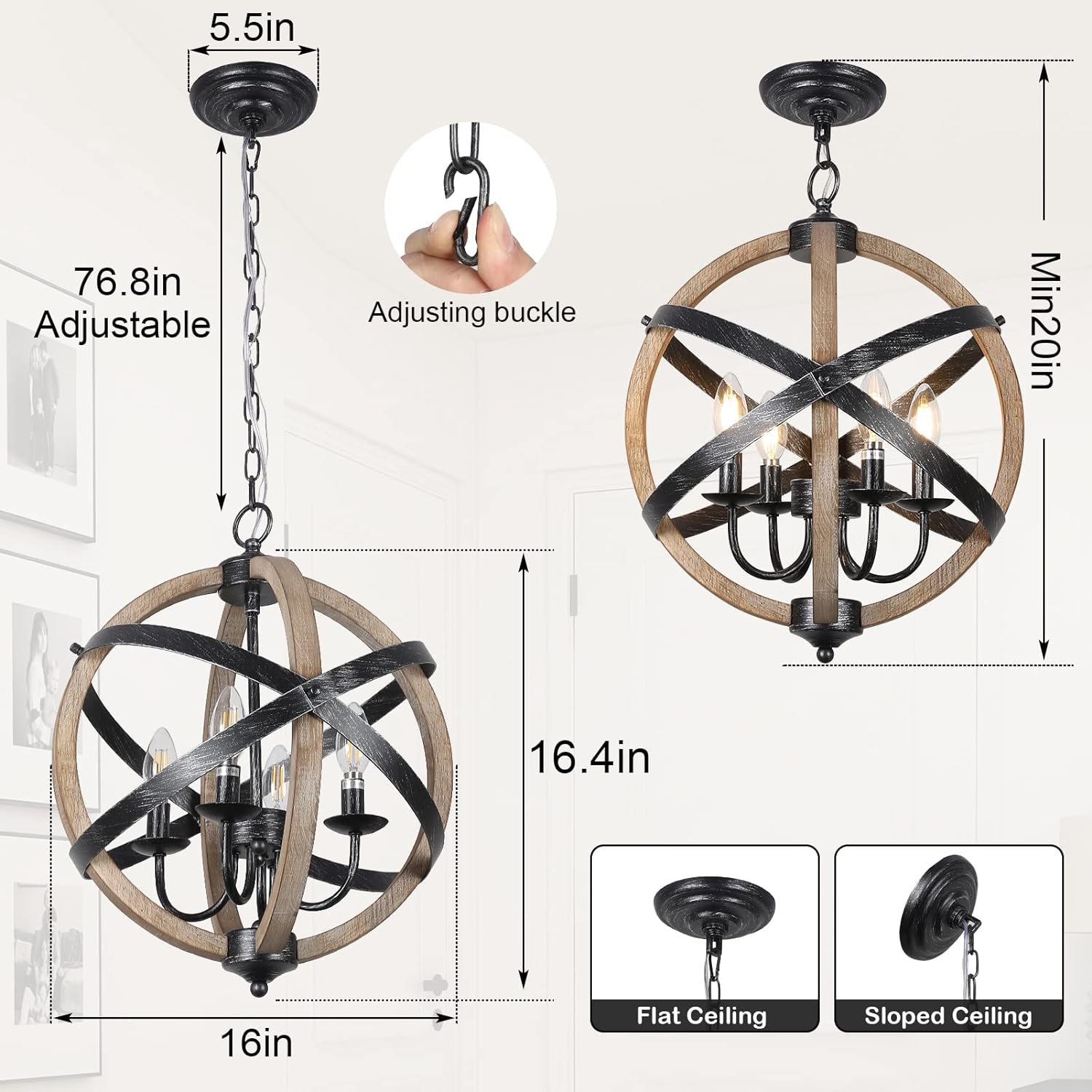 Farmhouse Chandelier Light Fixtures 4-Light Dining Room Light Fixtures Height Adjustable Rustic Wood Light - Korvel