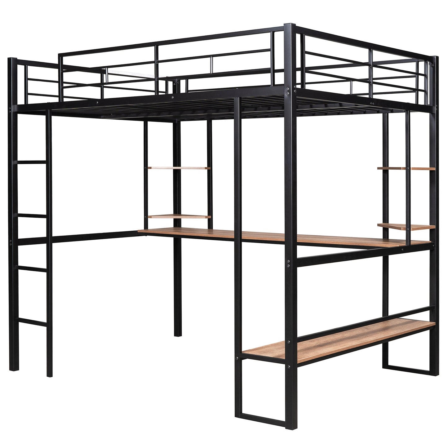 Full Size Loft Metal&MDF Bed with Long Desk and Shelves Black - Korvel