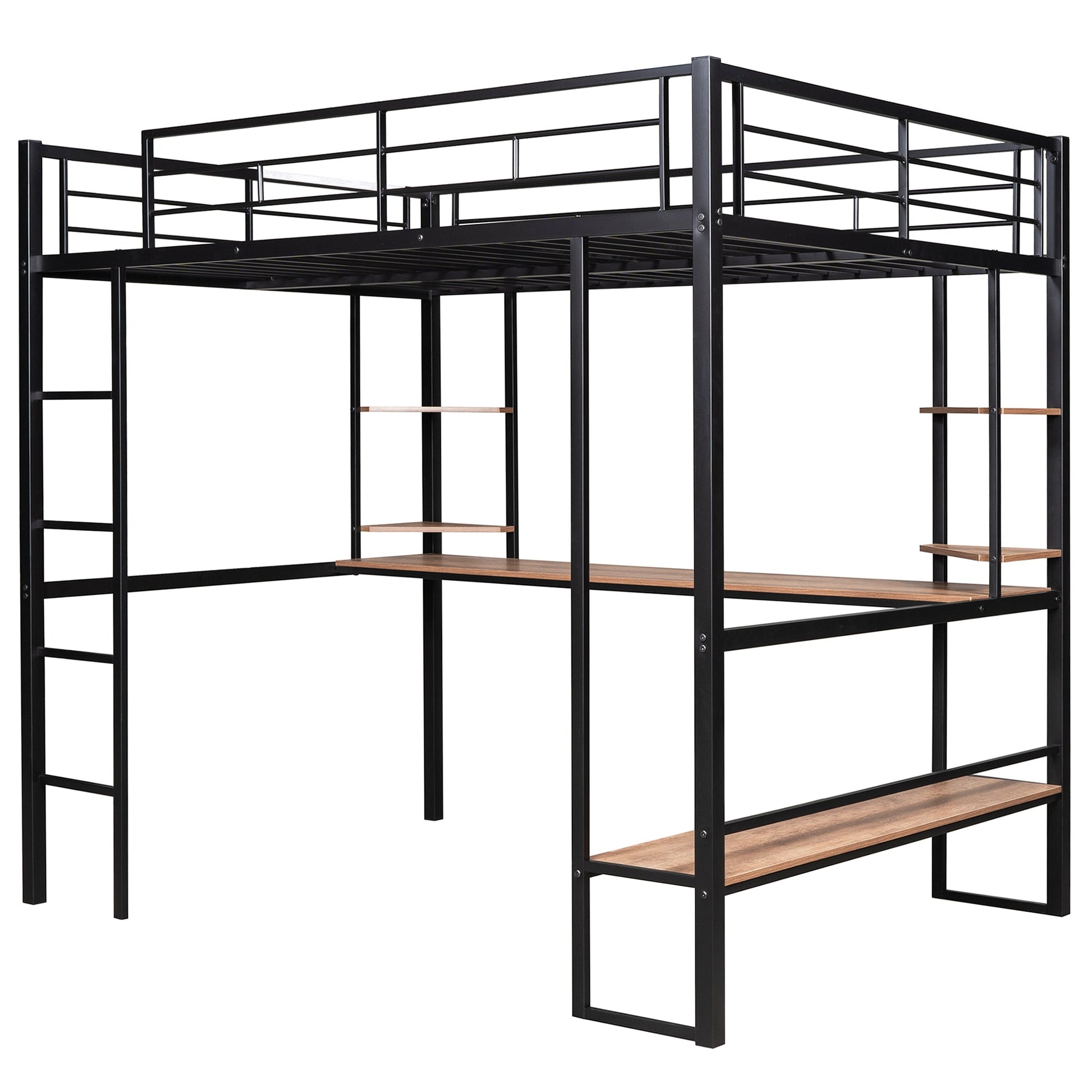 Full Size Loft Metal&MDF Bed with Long Desk and Shelves Black - Korvel