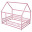 Full Size Floor Wooden Bed with House Roof Frame, Fence Guardrails ,Pink - Korvel