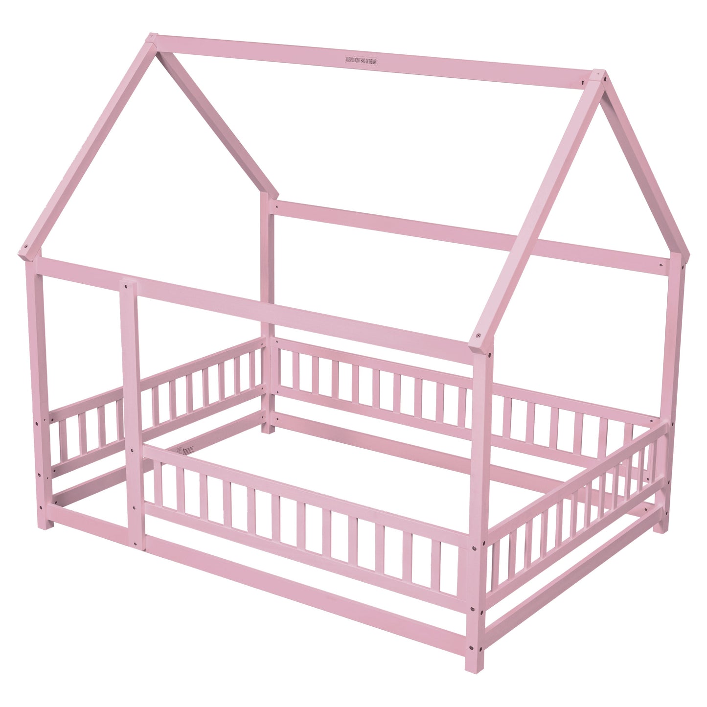 Full Size Floor Wooden Bed with House Roof Frame, Fence Guardrails ,Pink - Korvel