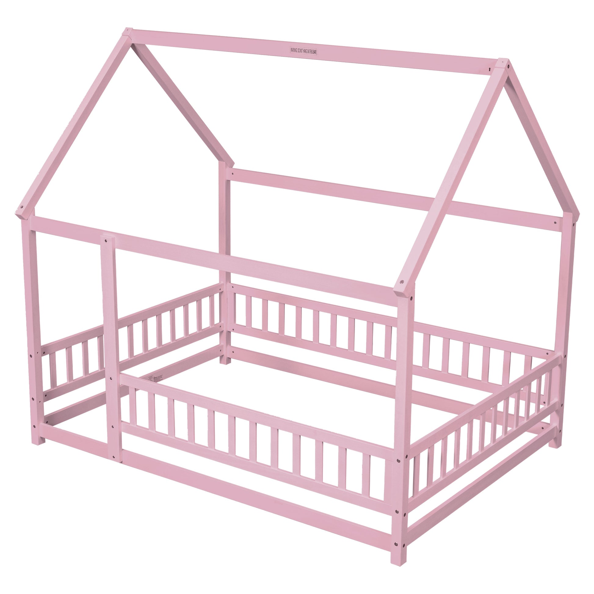 Full Size Floor Wooden Bed with House Roof Frame, Fence Guardrails ,Pink - Korvel
