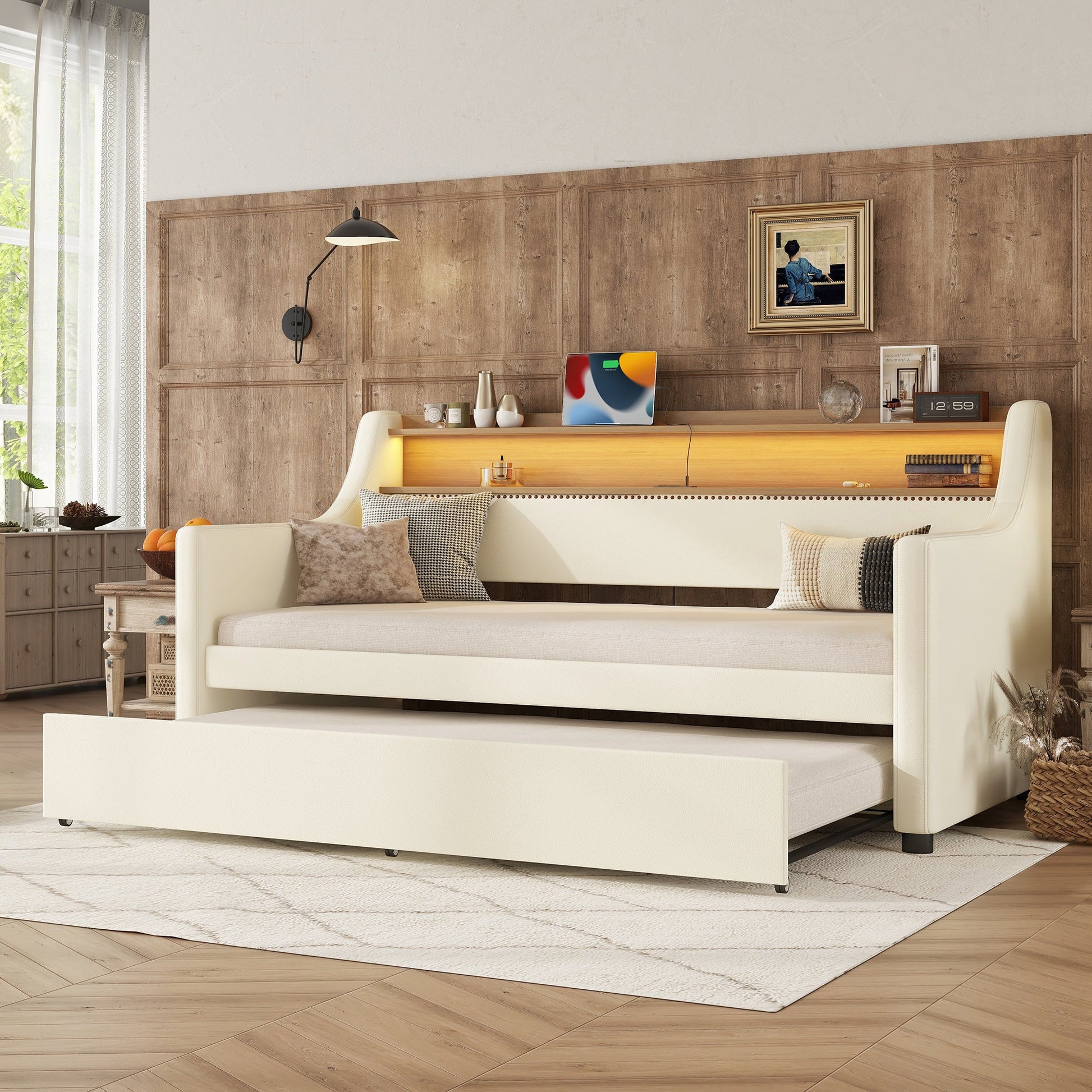 Twin Size Daybed with Trundle, Upholstered Daybed with Charging Station and LED Lights, White - Korvel