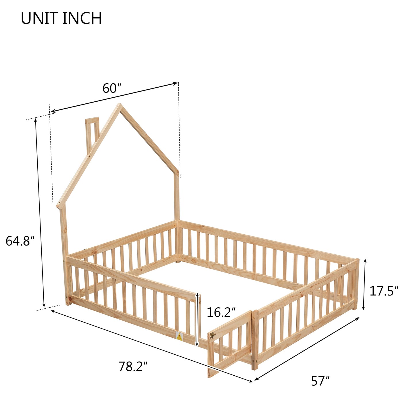 Full House-Shaped Headboard Floor Bed with Fence - Natural
