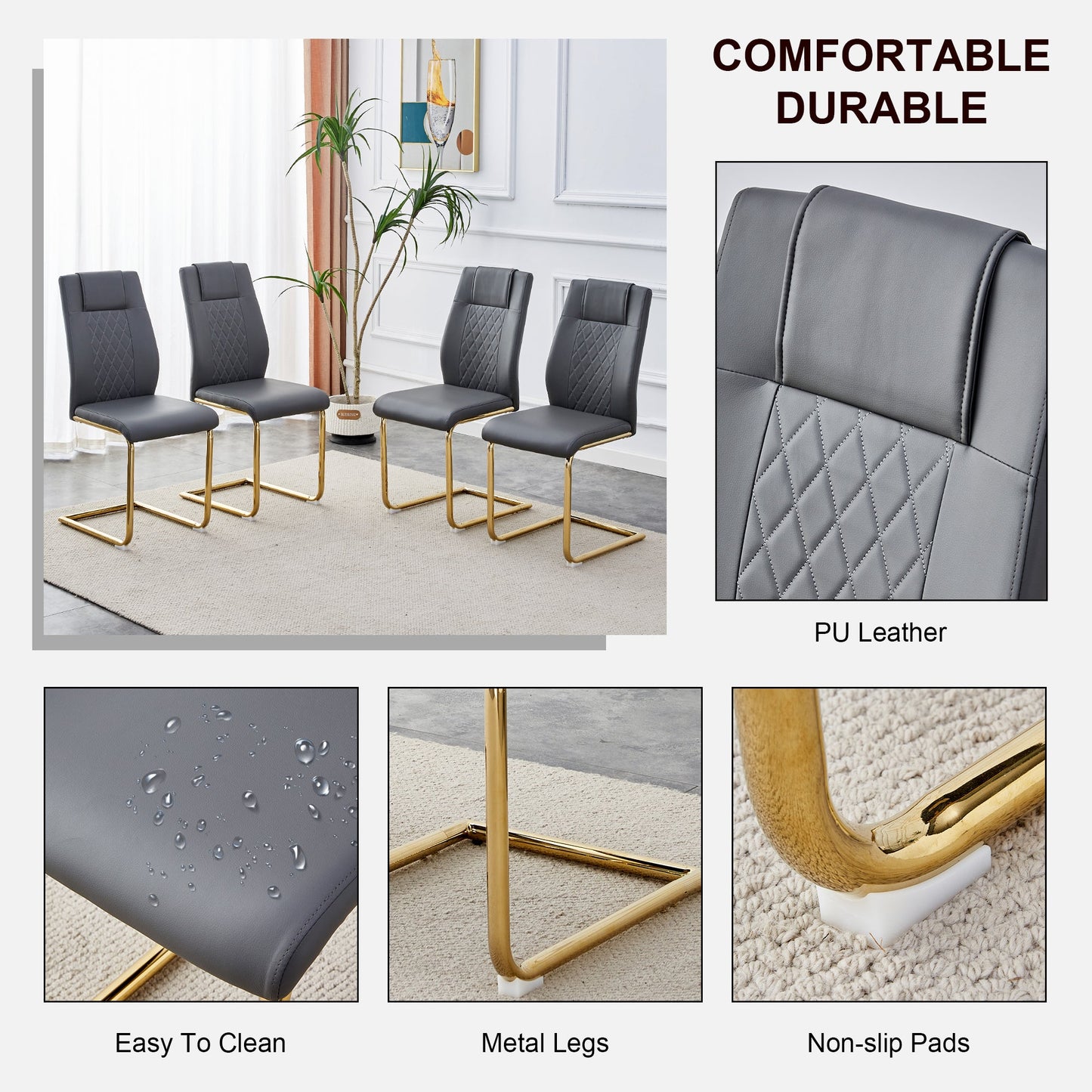 Premium Faux Leather Cushioned Dining Chairs with Metal Legs