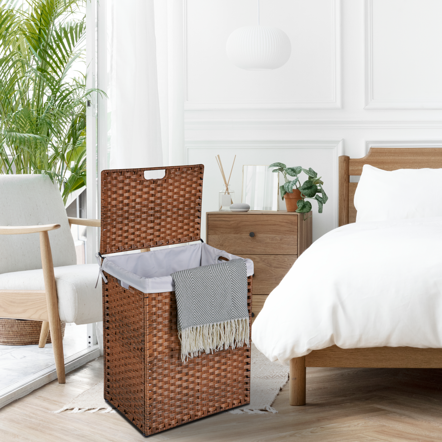 Laundry Hamper With Lid PE Rattan Powder Coating Frame Clothes Hampers with 02 Removable Bags, 100L, Brown Color - Korvel