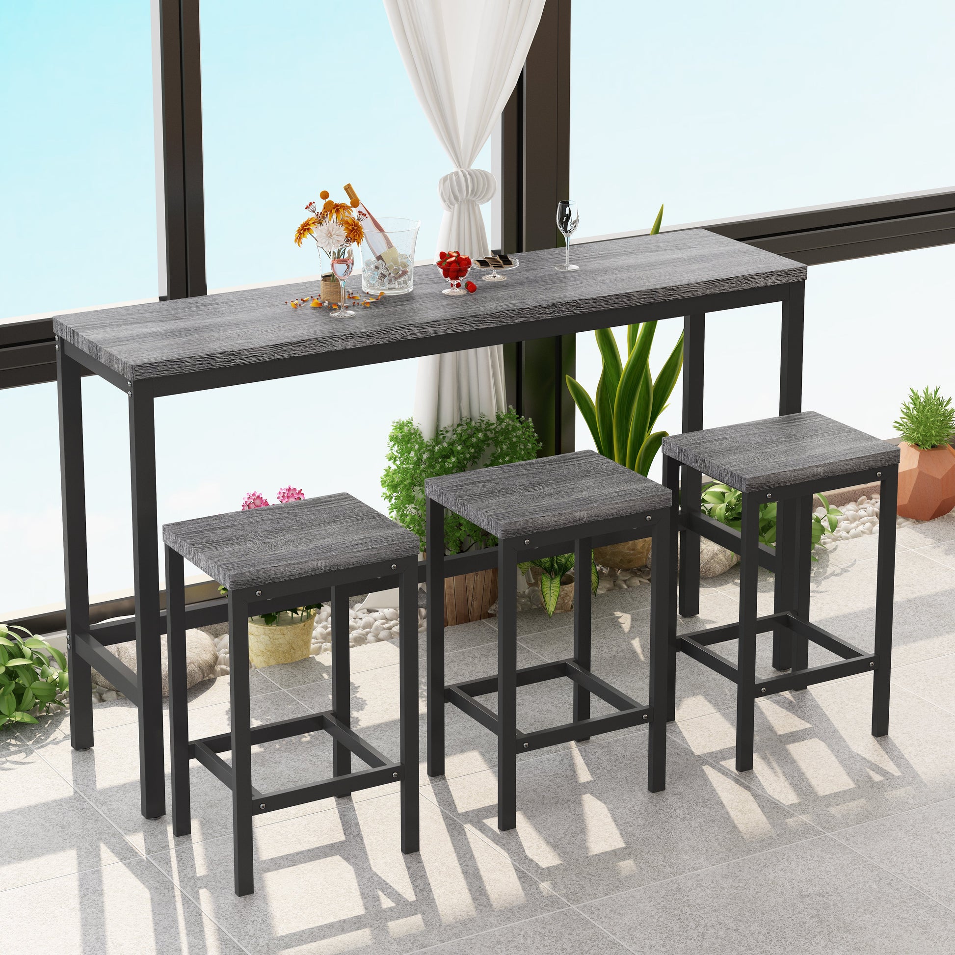 Modern Design Kitchen Dining Table Pub Table Long Dining Table Set with 3 Stools Easy Assembly Gray - Korvel