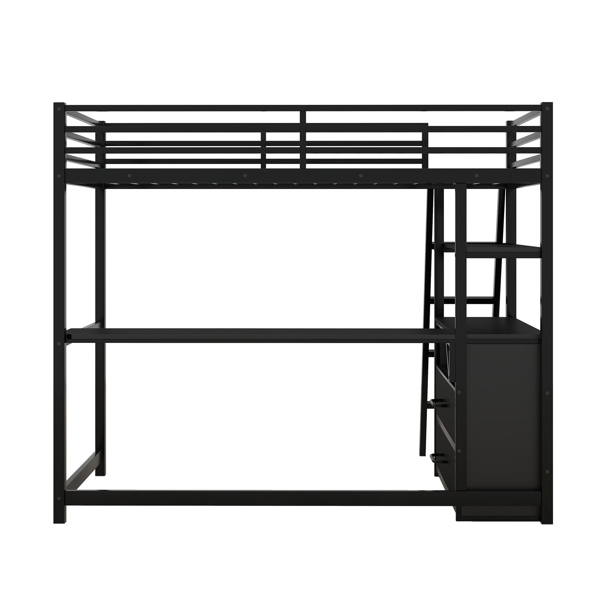 Twin Size Metal&Wood Loft Bed with Desk and Shelves, Two Built-in Drawers, Black - Korvel