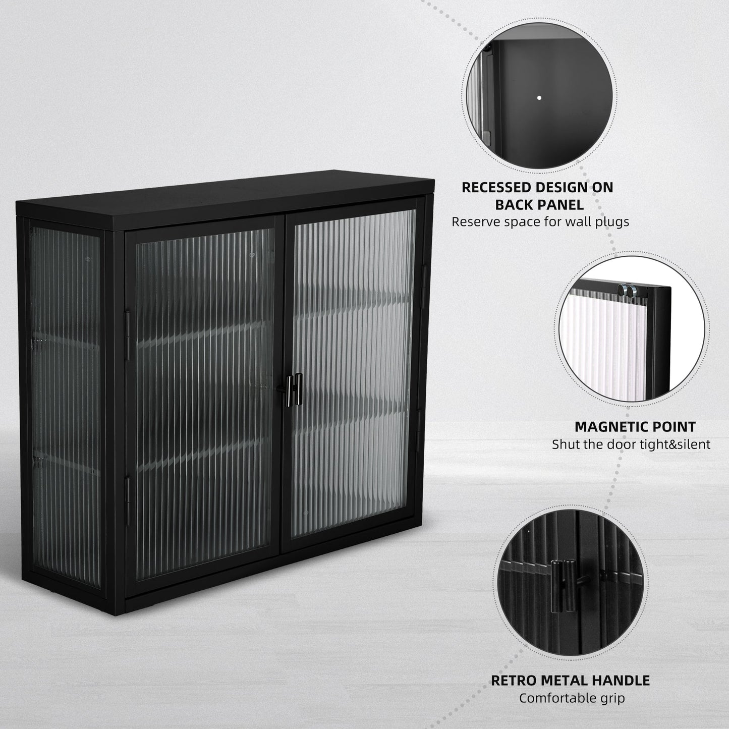 Retro Style Haze Double Glass Door Wall Cabinet With Detachable Shelves for Office Dining Room Living Room - Korvel