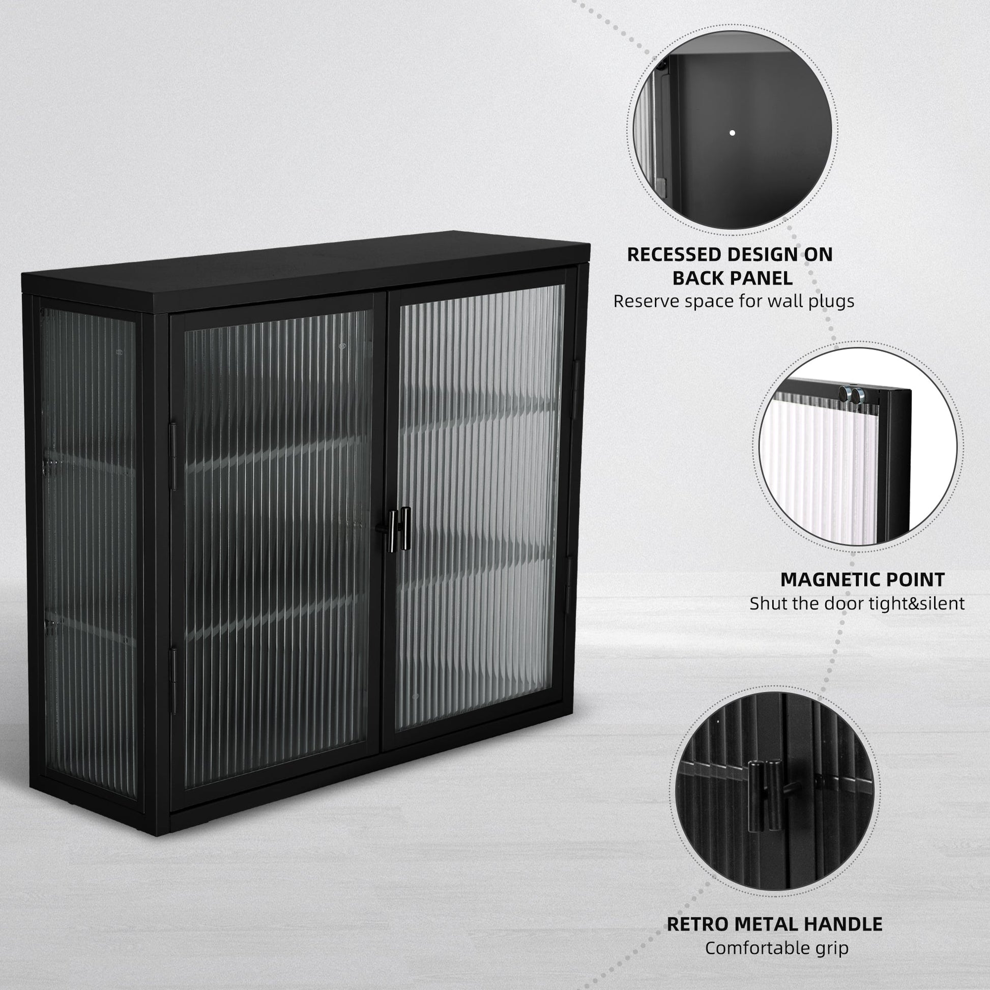 Retro Style Haze Double Glass Door Wall Cabinet With Detachable Shelves for Office Dining Room Living Room - Korvel