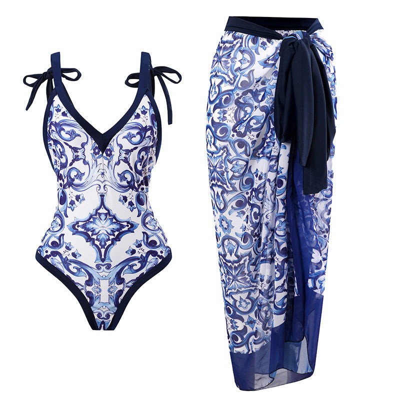 Elegant Two-Piece One-Piece Swimsuit with Skirt