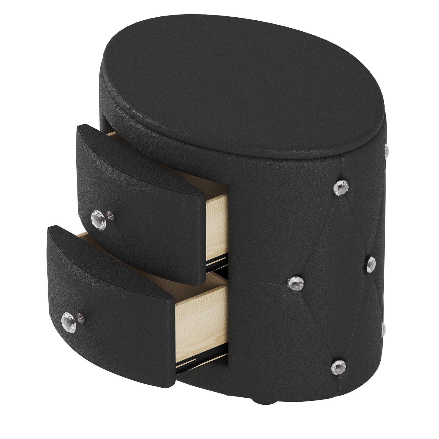 Elegant PU Nightstand with 2 Drawers and Crystal Handle,Fully Assembled Except Legs&Handles,Storage Bedside Table - Black - Korvel