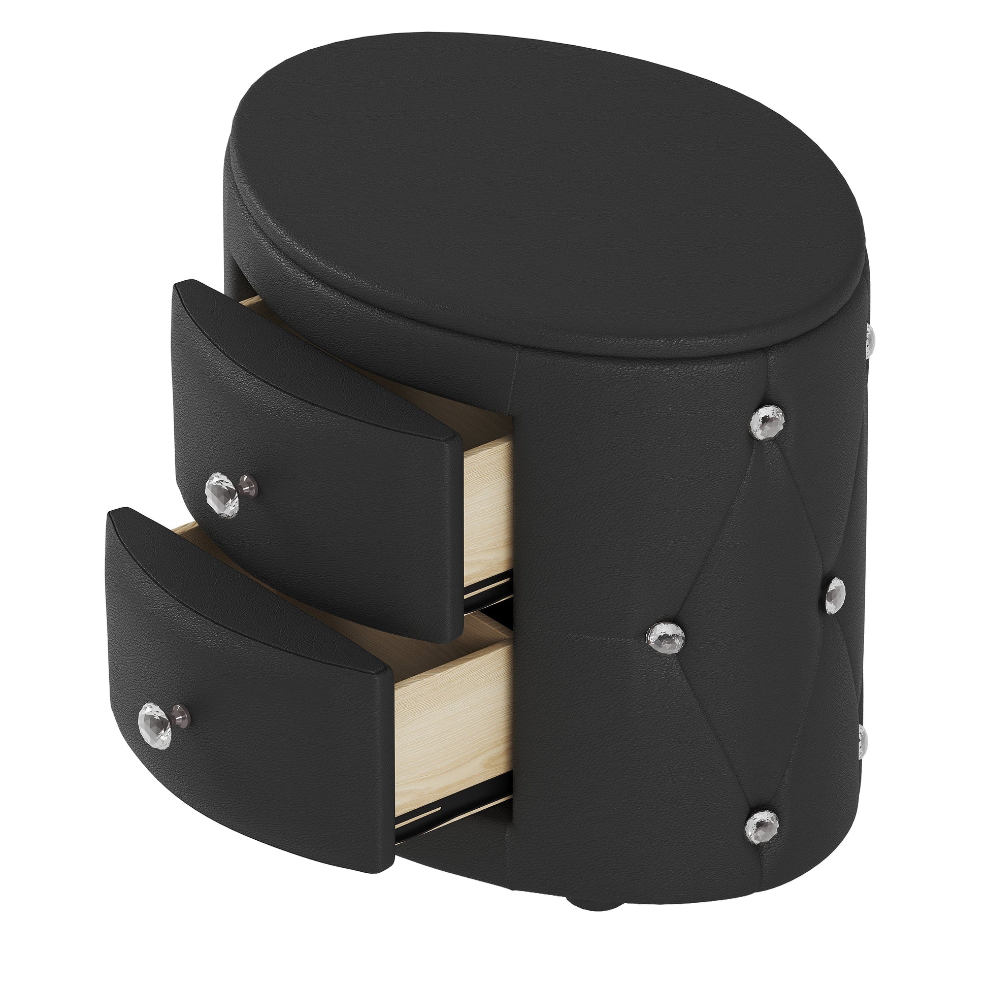 Elegant PU Nightstand with 2 Drawers and Crystal Handle,Fully Assembled Except Legs&Handles,Storage Bedside Table - Black - Korvel