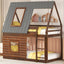 Wood Twin Size House Bunk Bed with Roof, Ladder and 2 Windows, Oak & Smoky Grey - Korvel