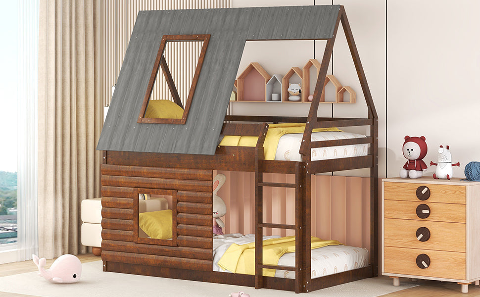 Wood Twin Size House Bunk Bed with Roof, Ladder and 2 Windows, Oak & Smoky Grey - Korvel
